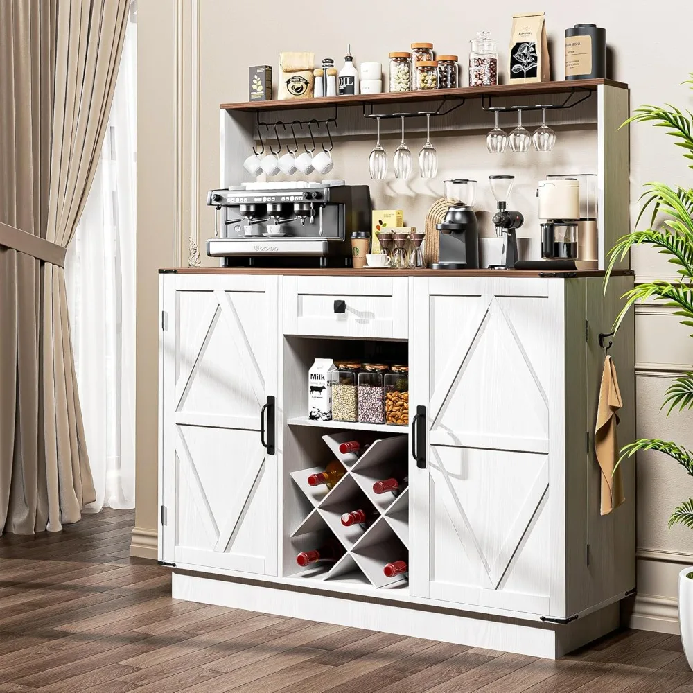 Wood Coffee Bar Table with Wine and Storage for Living Room - Modern Kitchen Buffet Sideboard with Adjustable Shelves, White