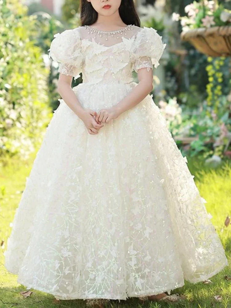 Customized Temperament Solid Beading O-neck A-line Flower Girl Dress Aesthetic Butterffly Appliques Princess Robe Zipper Tiered