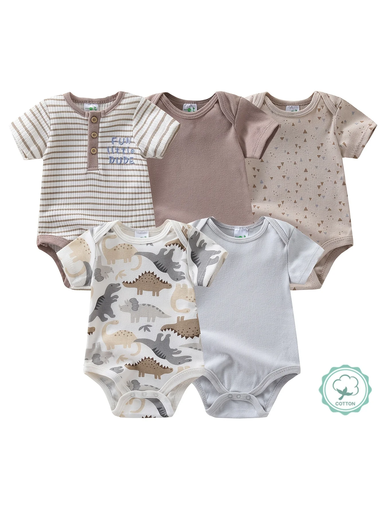 5pcs Newborn Baby Boy Short Sleeve Bodysuits, Cotton Cute Dinosaur Cartoon Rompers, Infant 1pc Jumpsuits, Round Neck Summer Outfits, Hospital Bag Essentials (Boys), Perfect for Outdoor