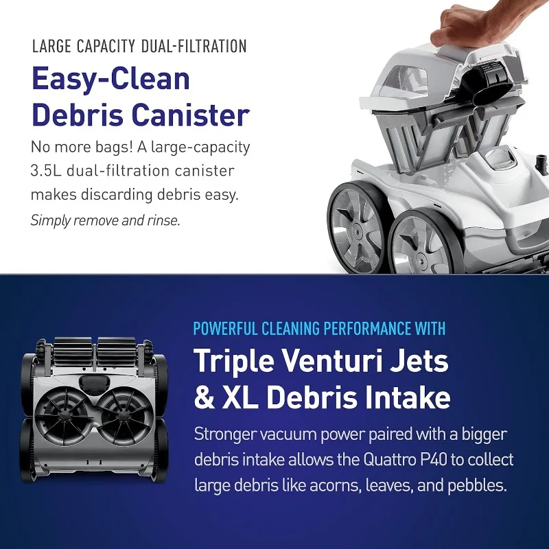 منظف حمام السباحة الجانبي بالضغط Polaris Quattro P40 لجميع أسطح حمام السباحة في الأرض، علبة ترشيح مزدوجة ذات سعة كبيرة، خرطوم 31 بوصة