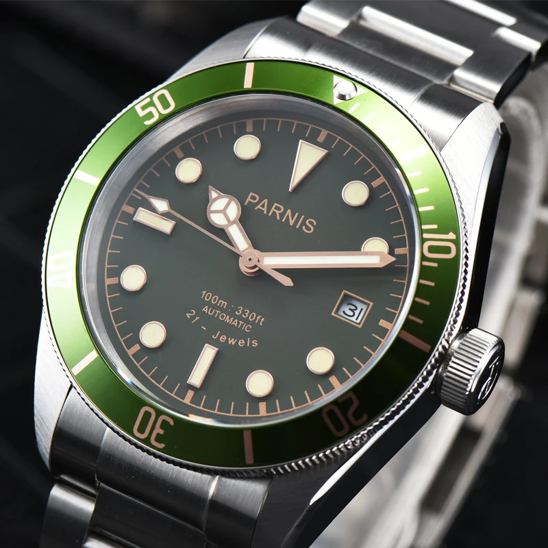 メンズサファイアクリスタル時計,グリーンダイヤル,自動巻き,機械式,カレンダー,ファッション,時計,41mm, 2024