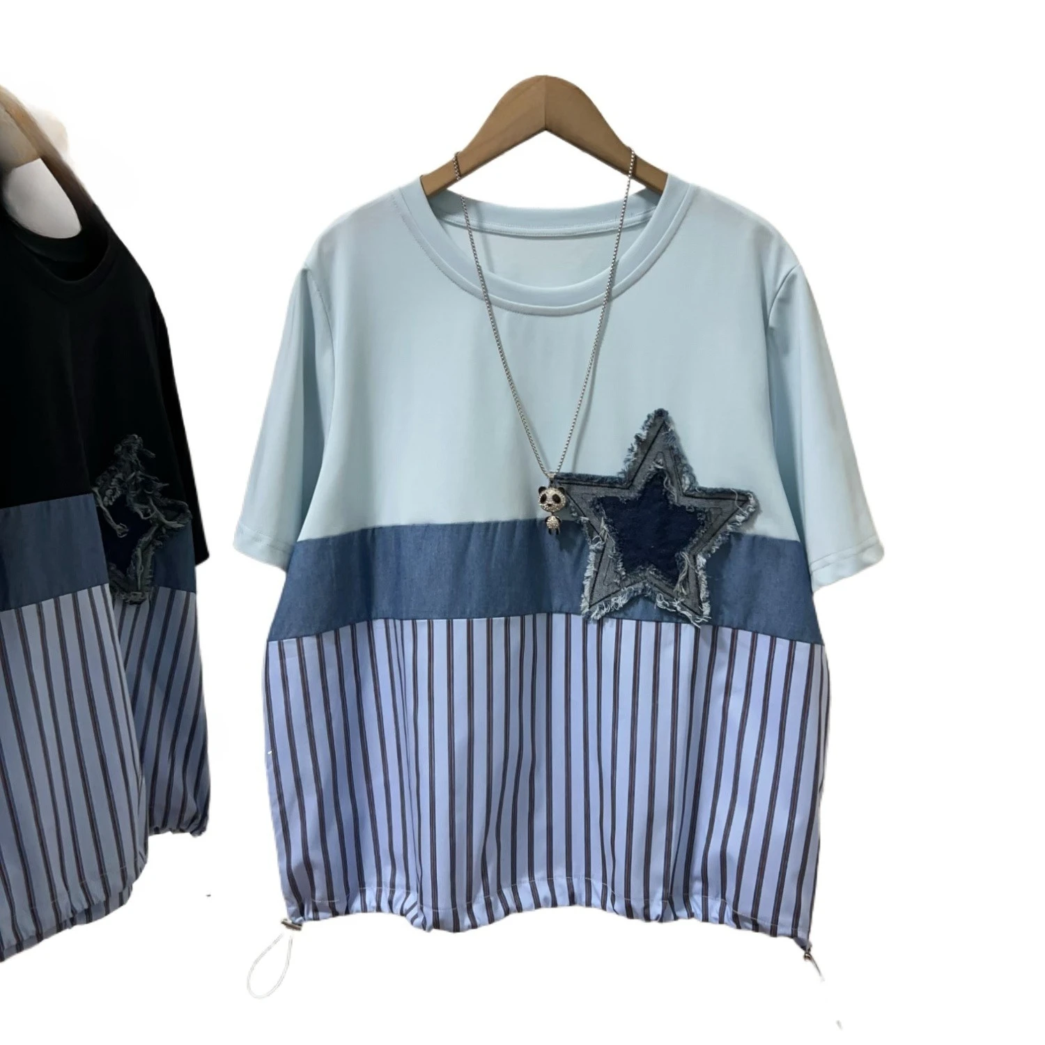 

Casual Loose Denim Color Block T Shirt Slimming Short Sleeve Top
