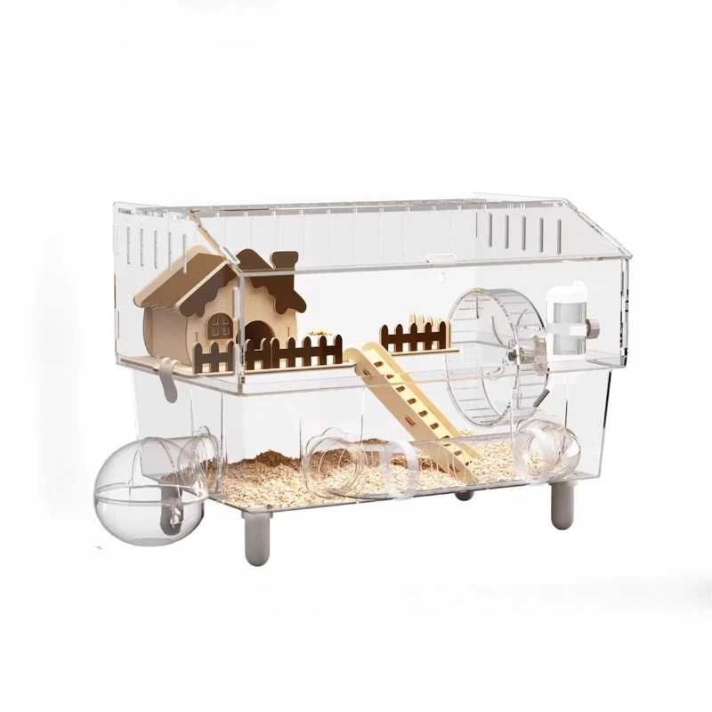 Acrylic Hamster Cage, 360째 View Hamster Villa, Large Luxury Anti-Chew Cage, Quiet Rolling Wheel, Easy to Clean view 6
