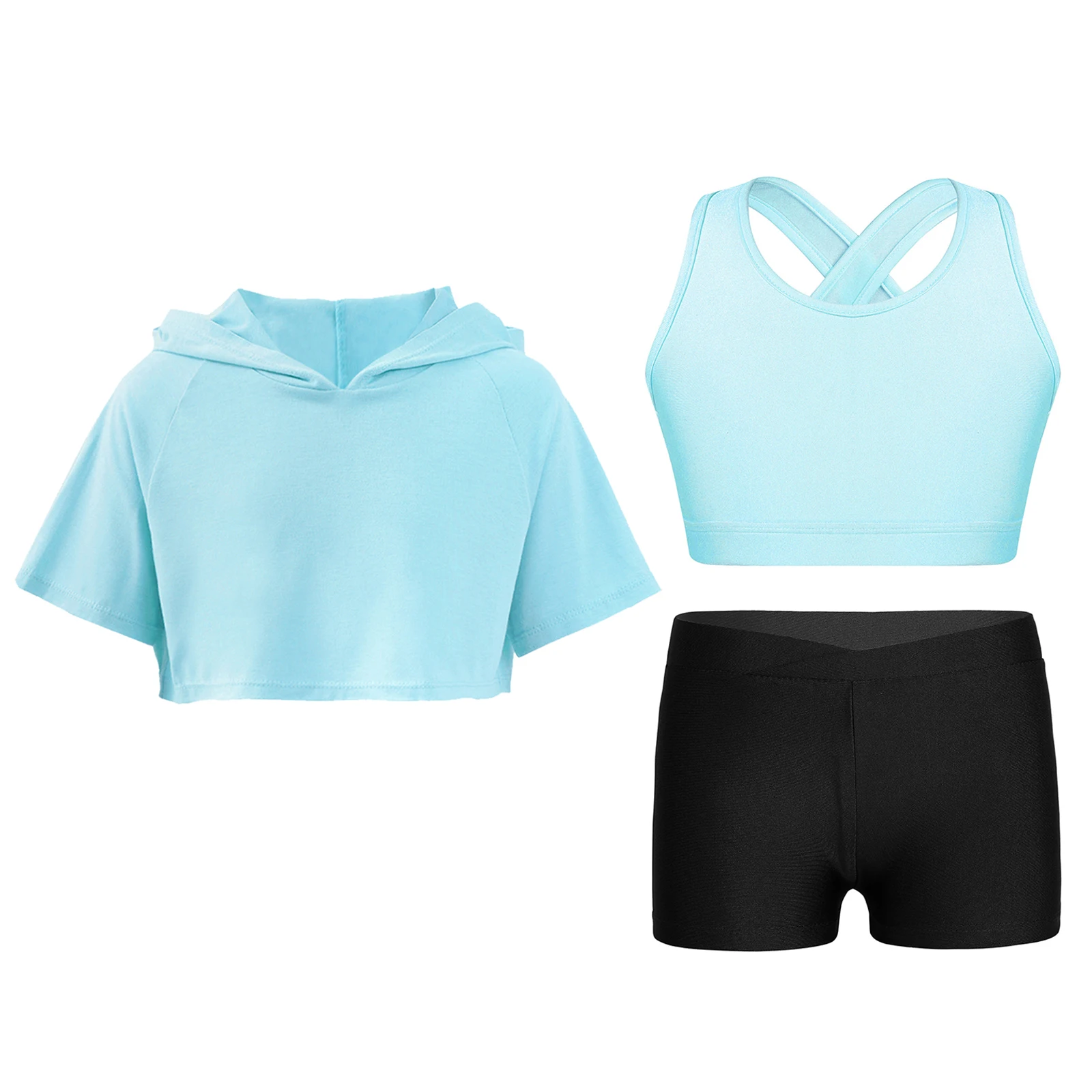 Kinderen Meisjes Workout Gymnastiek Outfit Yoga Sets Keyhole Back Vest Shorts Korte mouw Crop Top met capuchon Tienersport Atletische pakken