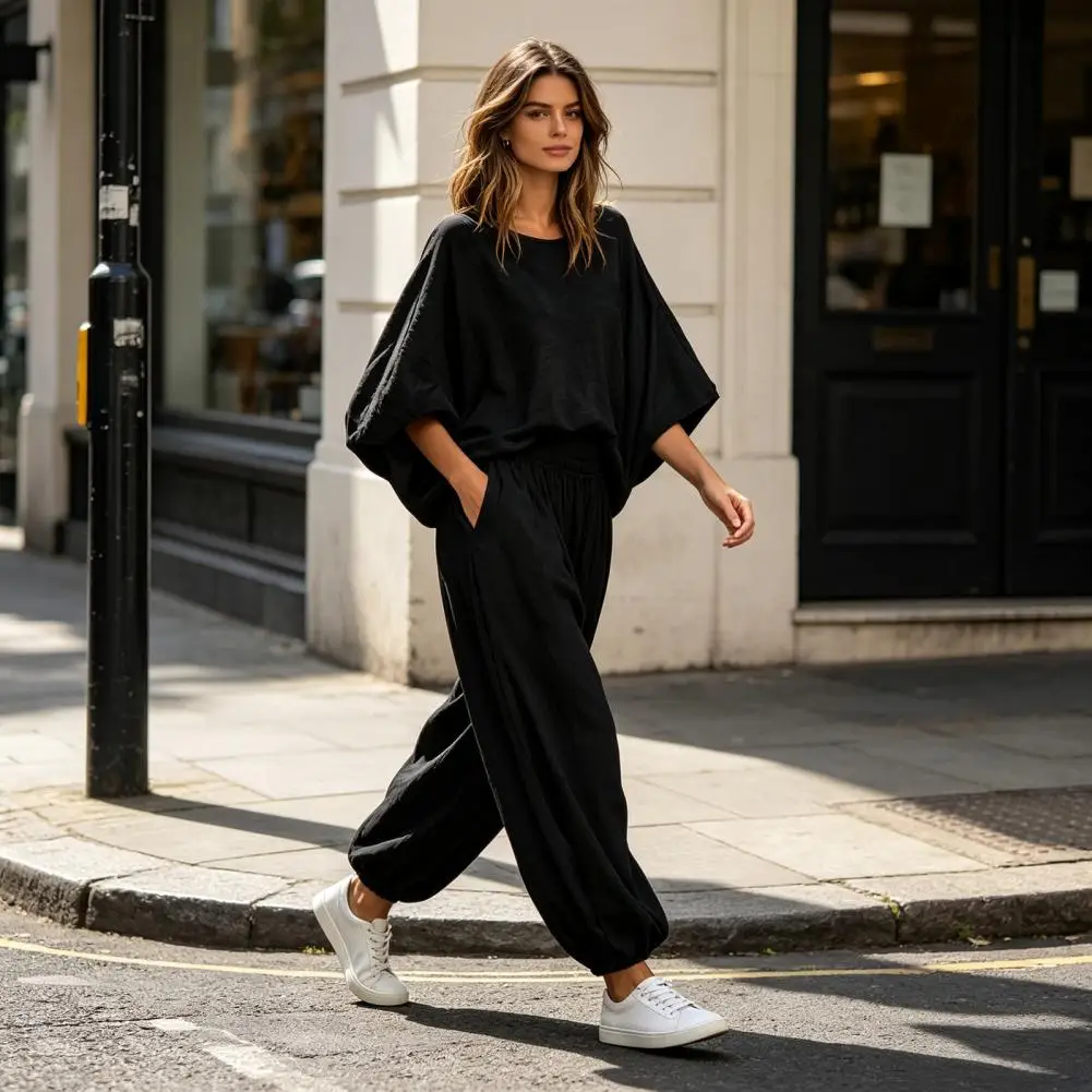 2026 Women Two-piece Suit Women Outfit Women’s 2 Piece Set Summer Outfit Loose Crew Neck Batwing Sleeve Top Lantern Pants