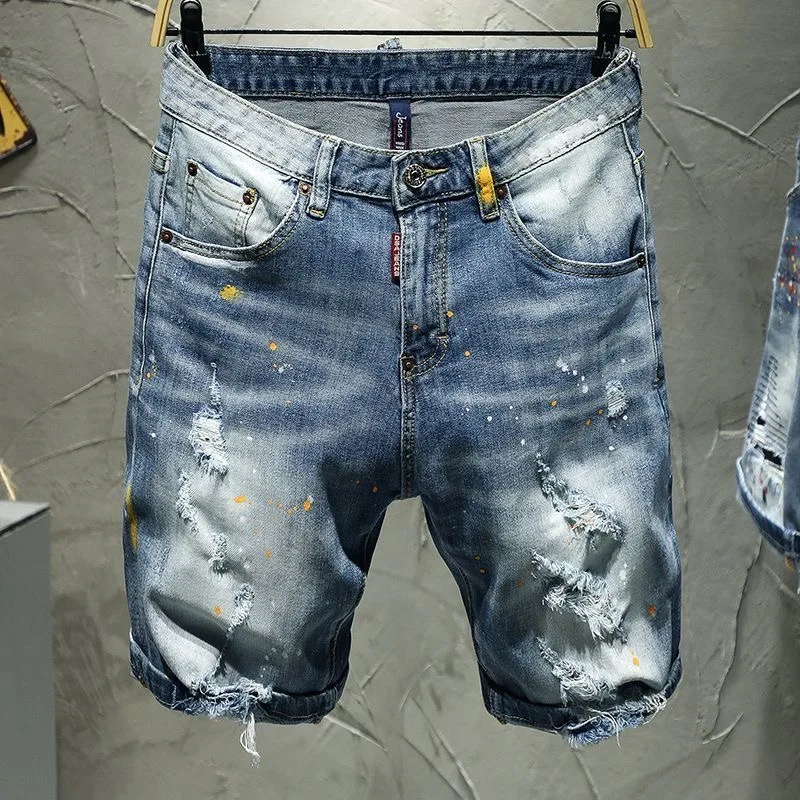 Summer New Fashionable Trendy Loose Sport Punch Straight Denim Shorts for Men's Casual Retro High Quality Large Size Jeans