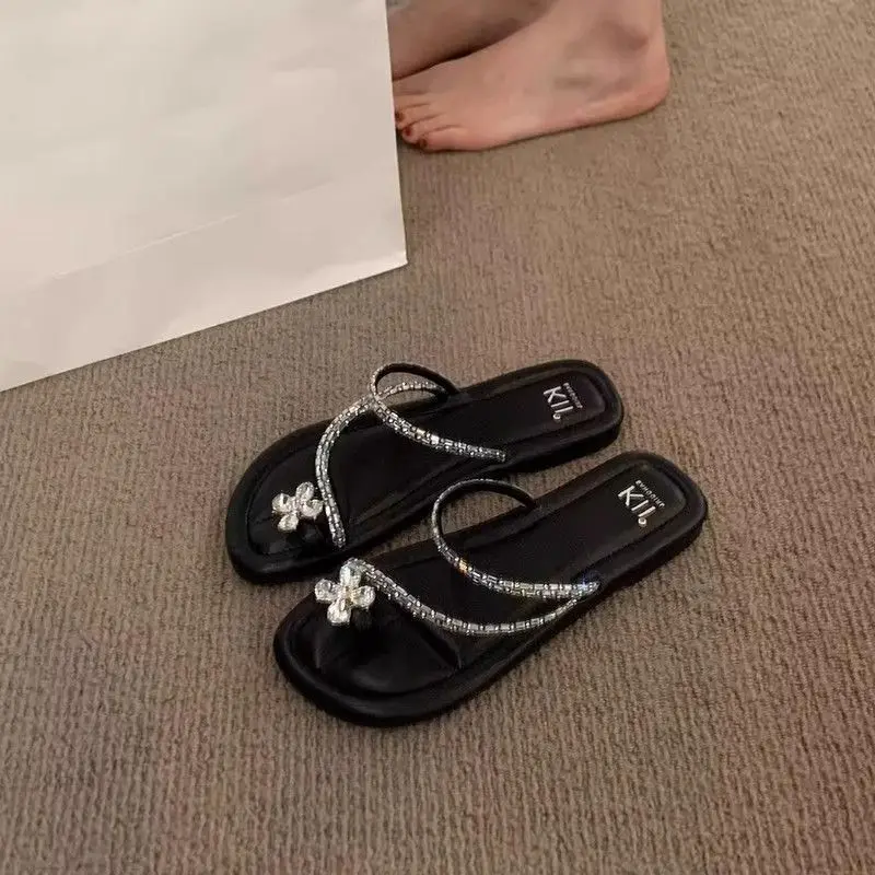 Women's Flat Toe-Loop Sandals with Sparkling RhinestonesSoft Sole Outdoor Beach Wear Fashionable Elegant Style 226 New Arrival