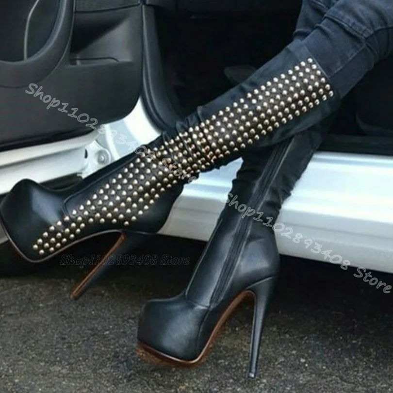 

Black Rivet Decor Platform Boots Round Toe Side Zipper Stiletto Heels Fashion Party Spring Women Boots 2024 Zapatos Para Mujere