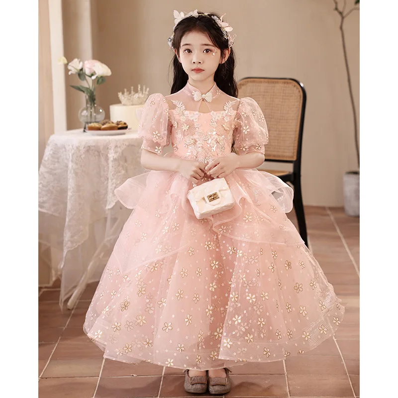 

2024 luxury Girls Pink Flower Fairy Children Princess Wedding Bridesmaids Gown Kids Dresses baby Birthday Party Long dress