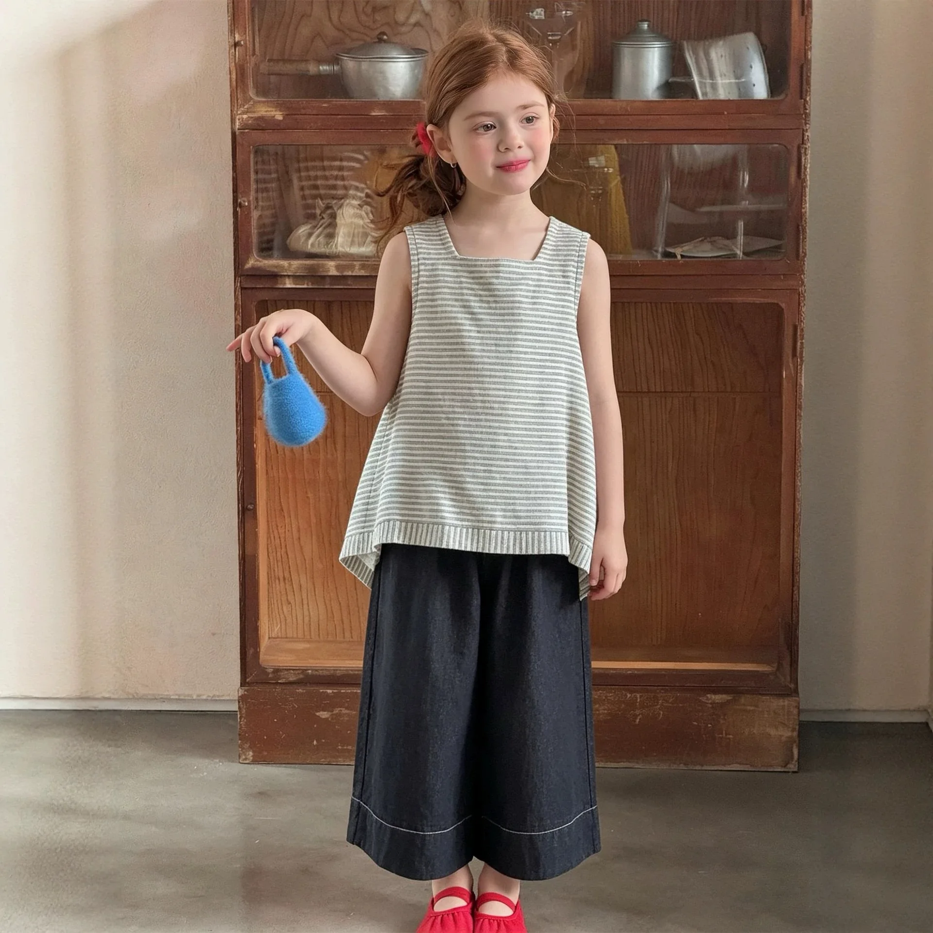 Girls Striped Vest Wide Leg Pants Set Korean Casual Sleeveless Top Black Straight Leg Pants Two-piece Set for Children