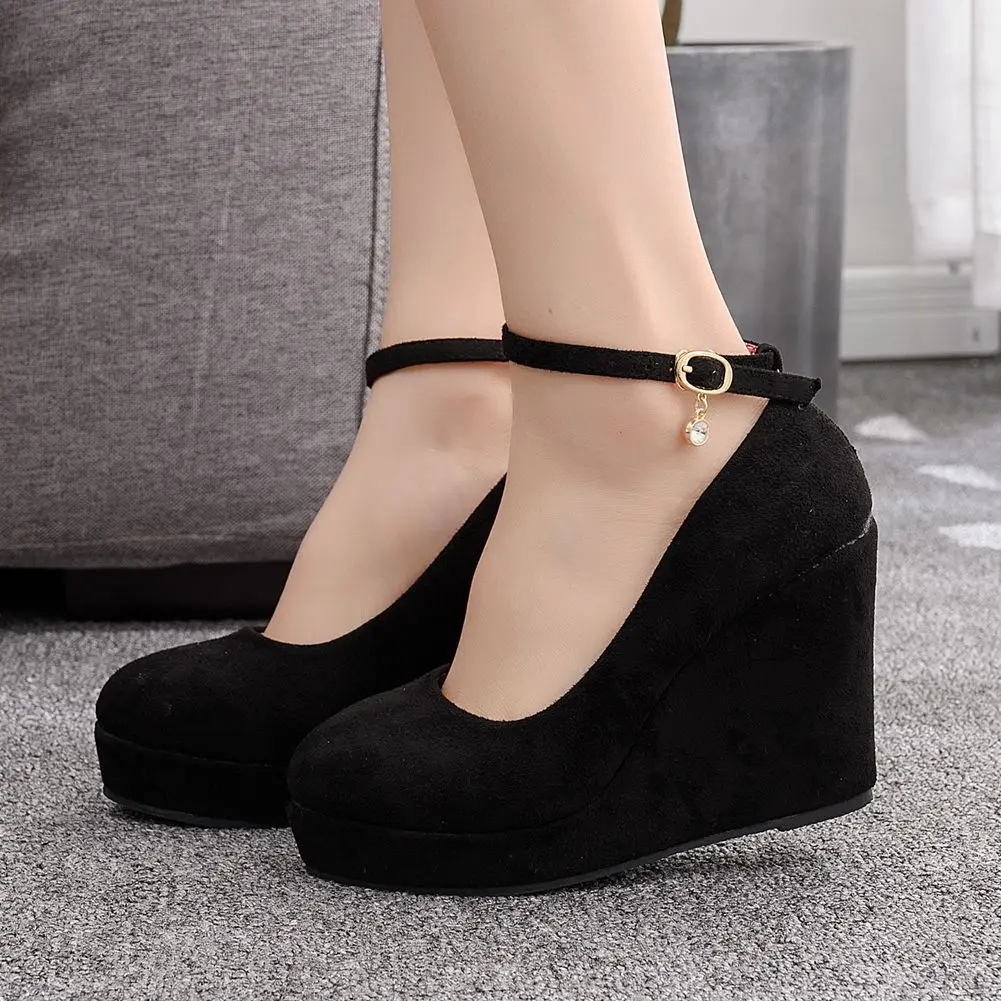 High Heels Platform Wedge Female Pumps Women's Flock Buckle Bowtie Ankle Strap Wedding Shoes Round Toe