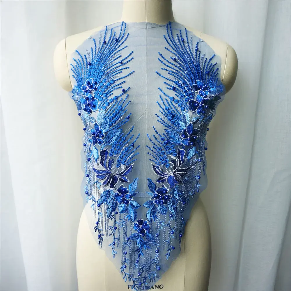 Blue Lace Fabric Flower Tassel Beads Rhinestone Embroidered Gown Appliques Trims Collar Mesh Sew Patch For Wedding Decoration