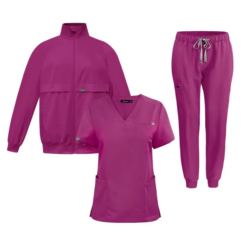 V-neck Wash Robe Three Piece Set, Short Sleeved Inner Layer+long Pants+long Sleeved Jacket, Nursing and Medical Work Clothes