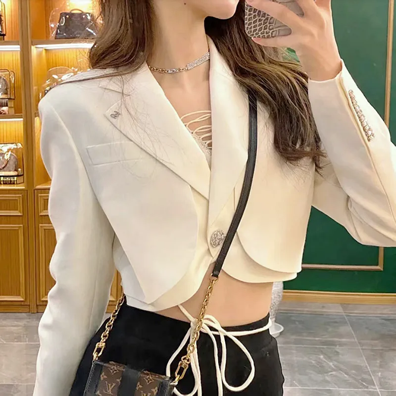 Women's Autumn New Style Fashionable Casual Suit Jackets with White Short Design Sense Lace up Slim Fitting Blazer Coat