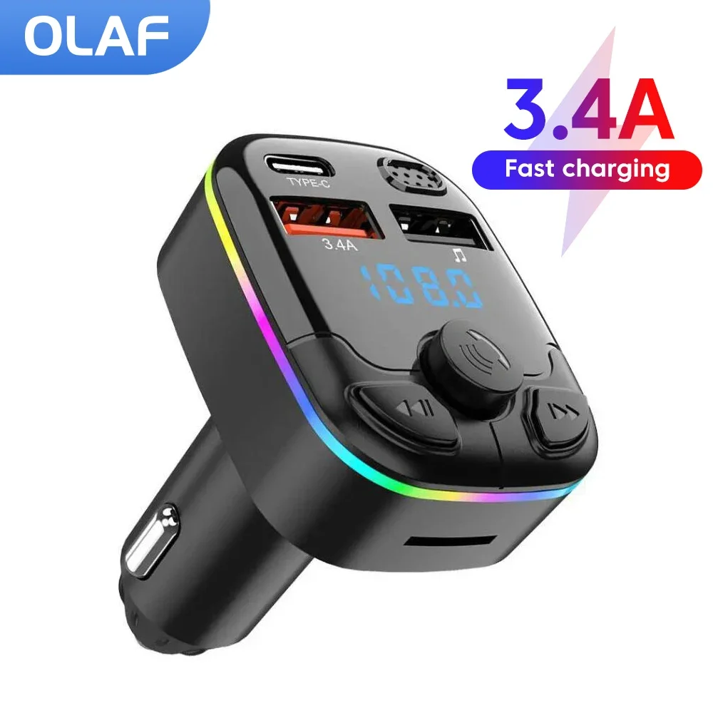 Car Charger Bluetooth 5.3 FM Transmitter PD Type-C Dual USB 3.4A Colorful Ambient Light Handsfree MP3 Modulator Player U Disk