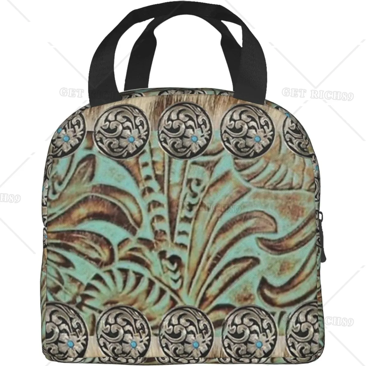 Rustic Brown Teal Western Country Tooled Leather Lunch Bag Lightweight Insulated and Reusable Lunch Box for Women Men Work