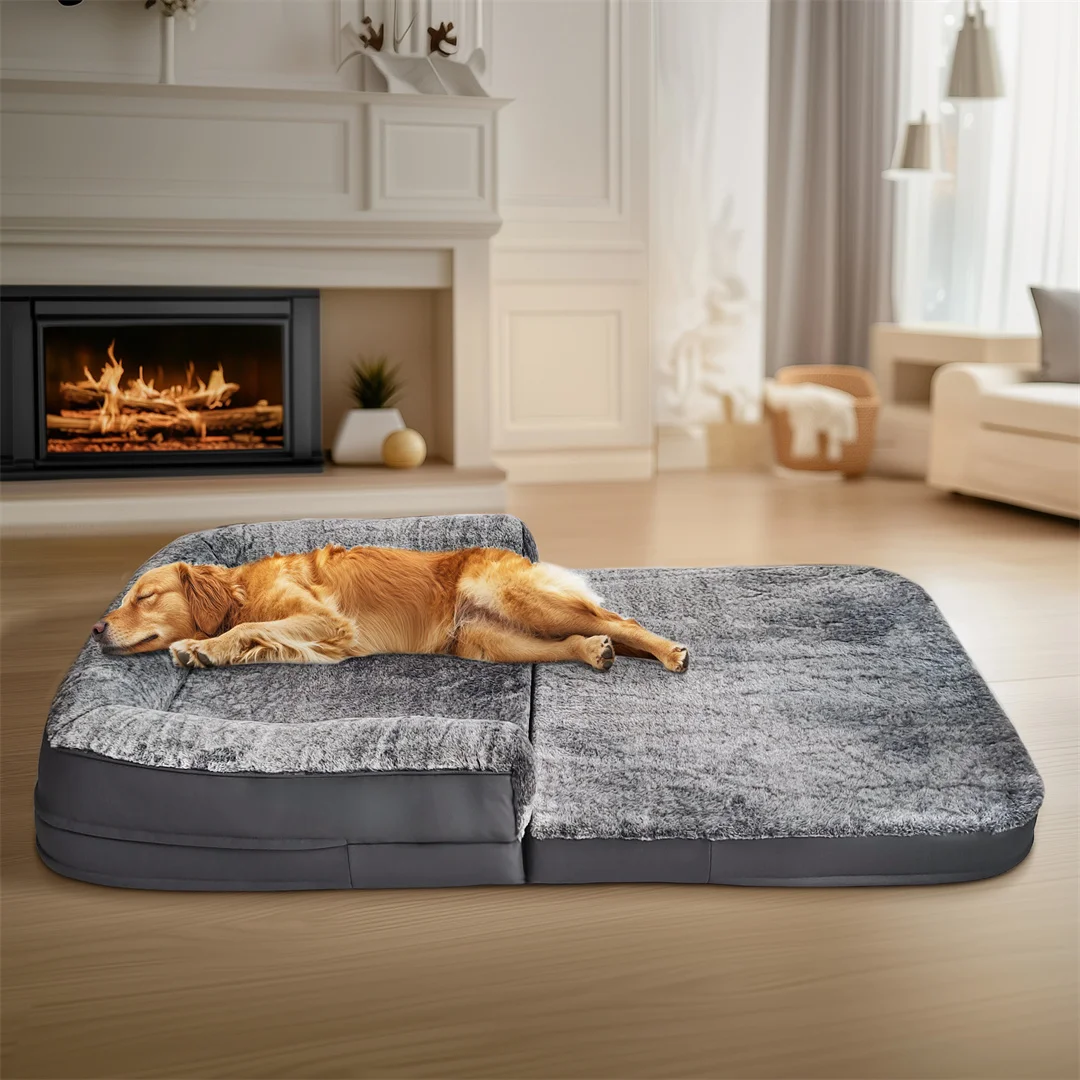 180cm Giant Dog Bed, Human Size Foldable Orthopedic Pet Bed with Plush Cover, Extra Large Calming Dog Mattress