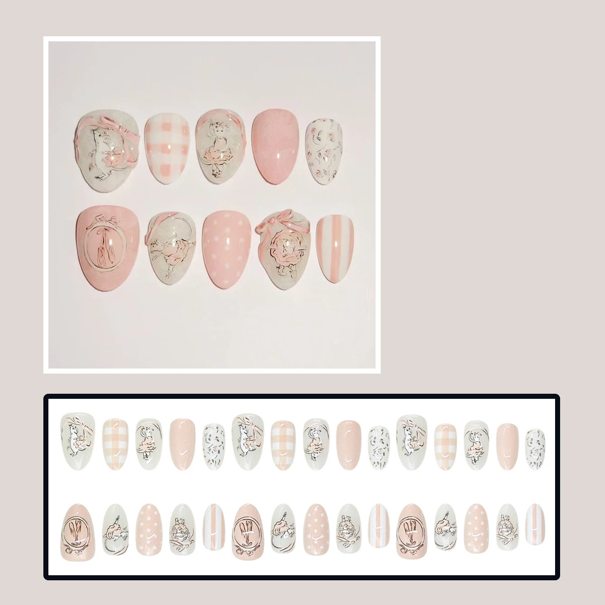 Easy-Apply Press On Nails Cute Pink Plaid Mouse Nail Tips for Daily Wear Short Almond Artificial Nails 30pcs Set