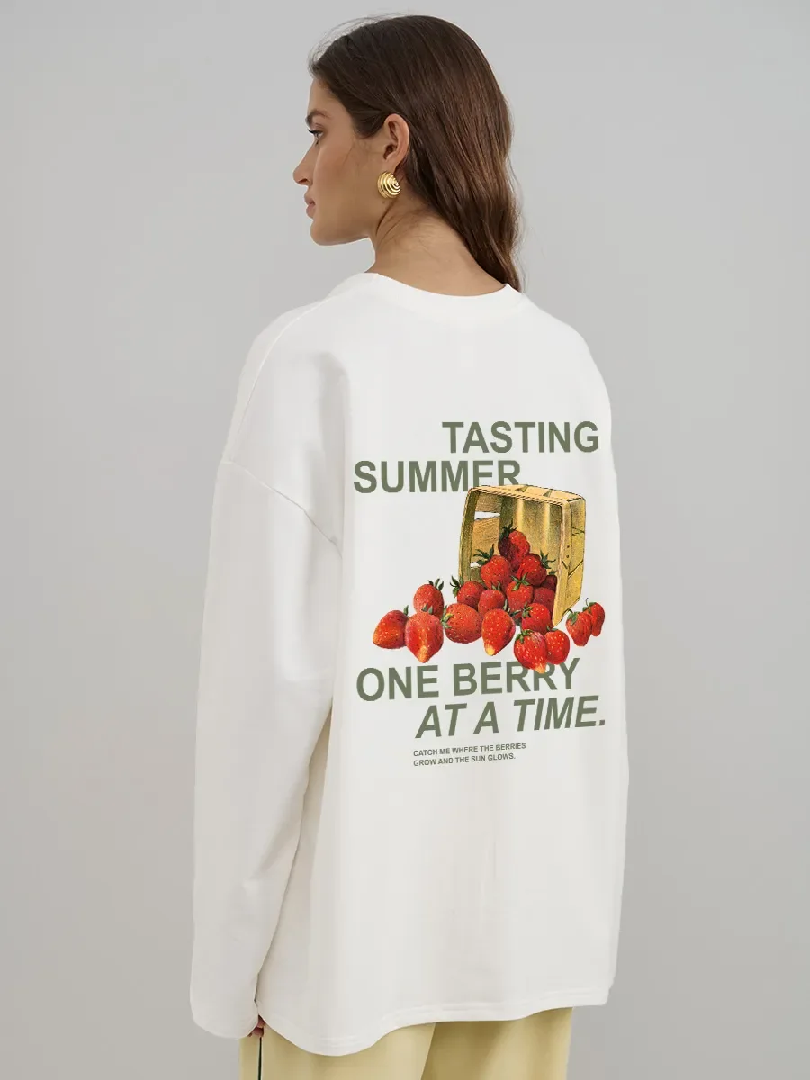Women Cotton Long Sleeve Spring Autumn Vintage Strawberry Fruit Basket Back Graphic Print T‑Shirt Oversized Casual Daily Top