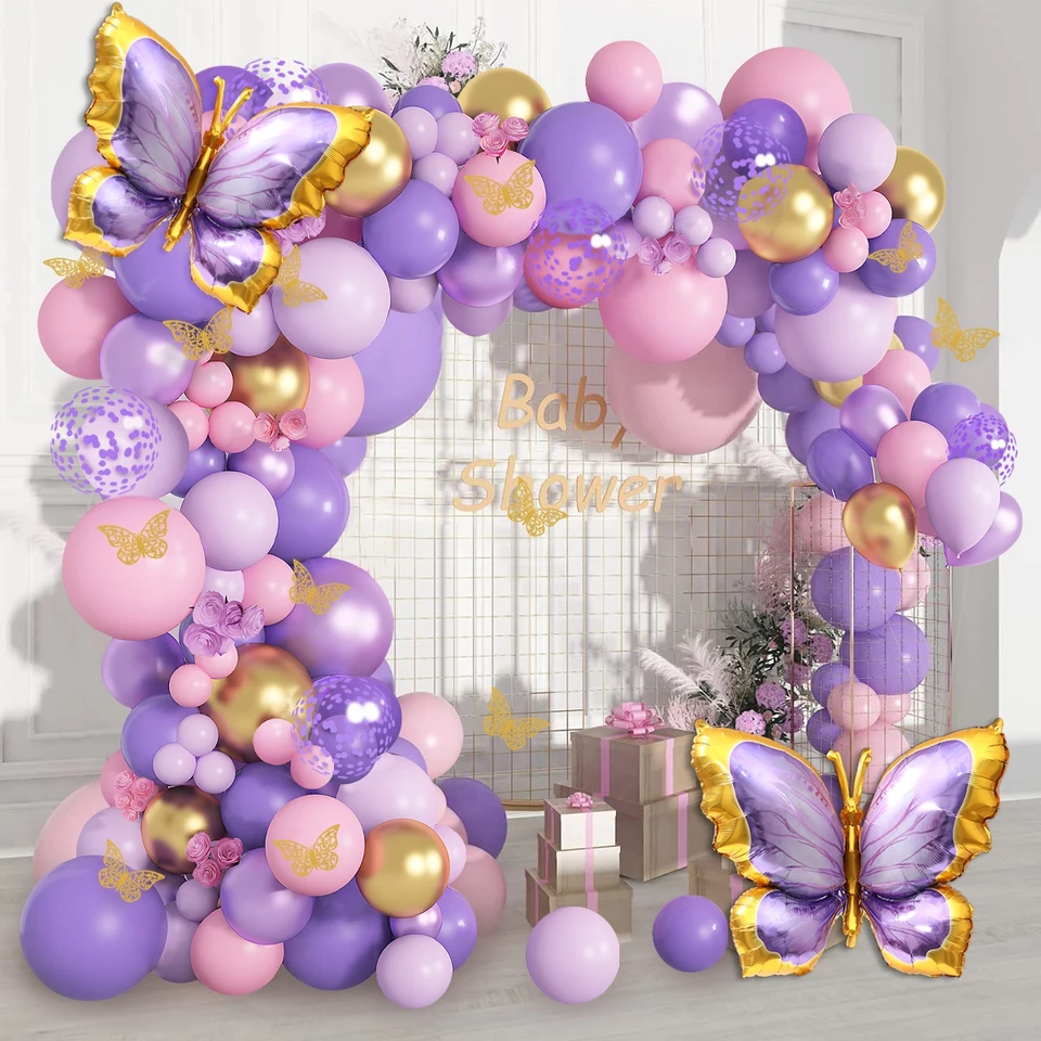 Set Décoration Anniversaire 1 An – Ballons Roses Et Violets, Papillons, Bannière, Numéro 1 – Matériaux De Qualité – Fête Magique