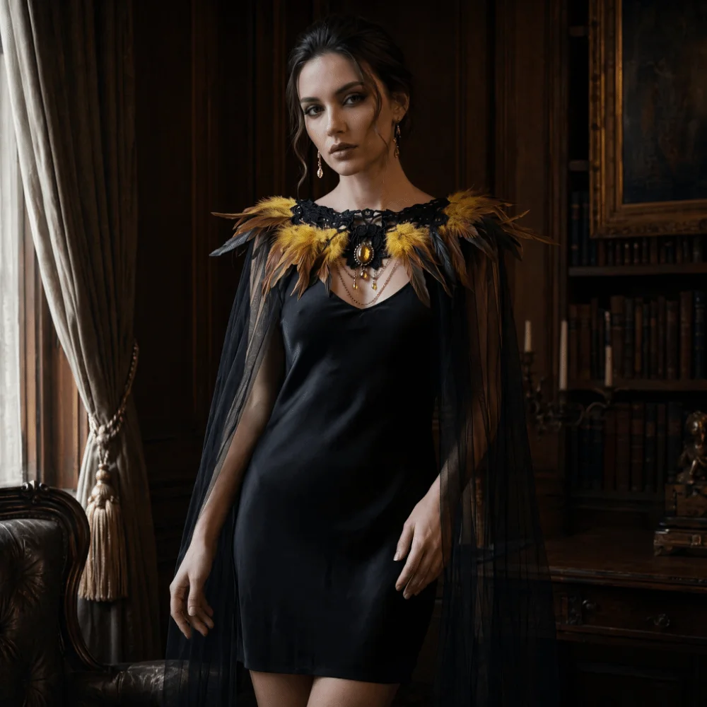 Black Halloween Feather Cloak Elegant Fur Collar Hollow Lace Mesh Cape Flowing Mesh Fringe Festival Costume Cape Gothic Carnival