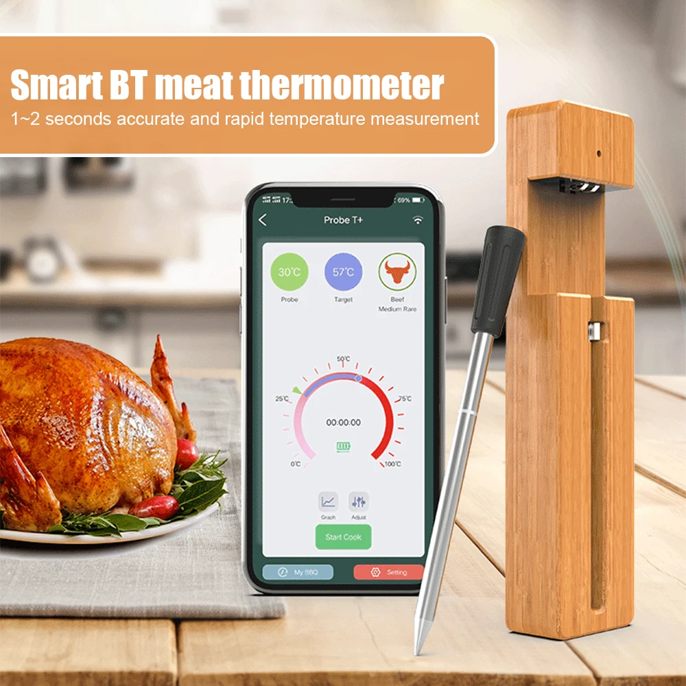 Wireless Meat Thermometer 5-10 Mins Quick Charge 98FT Wireless Range BT Meat Probe for Grilling and Smoking Smart APP Control