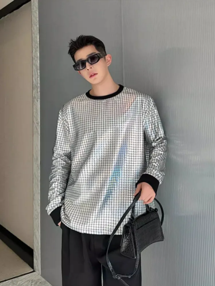 Fashion Shiny Silver Long Sleeve Mens T-Shirt O-Neck Loose Fit Pullover Tees Top Streetwear New Casual Nightclub T-Shirts Male