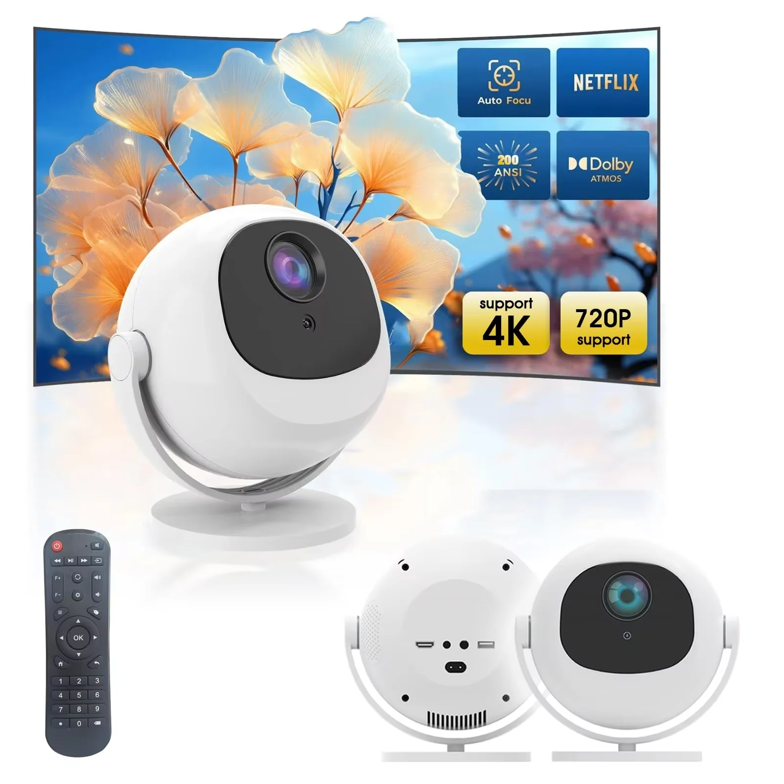 

Мини-сферический проектор, 360° ° Поворотный умный проектор, Wi-Fi 6 и Bluetooth 5.2, портативный домашний проектор