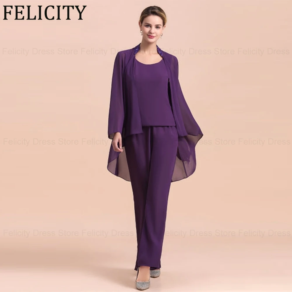 FELICITY Two Piece Chiffon Jumpsuit Mother of the Bride Dress with Jacket 2024 Pantsuit Wedding Guest Dresses Beads Evening Gown