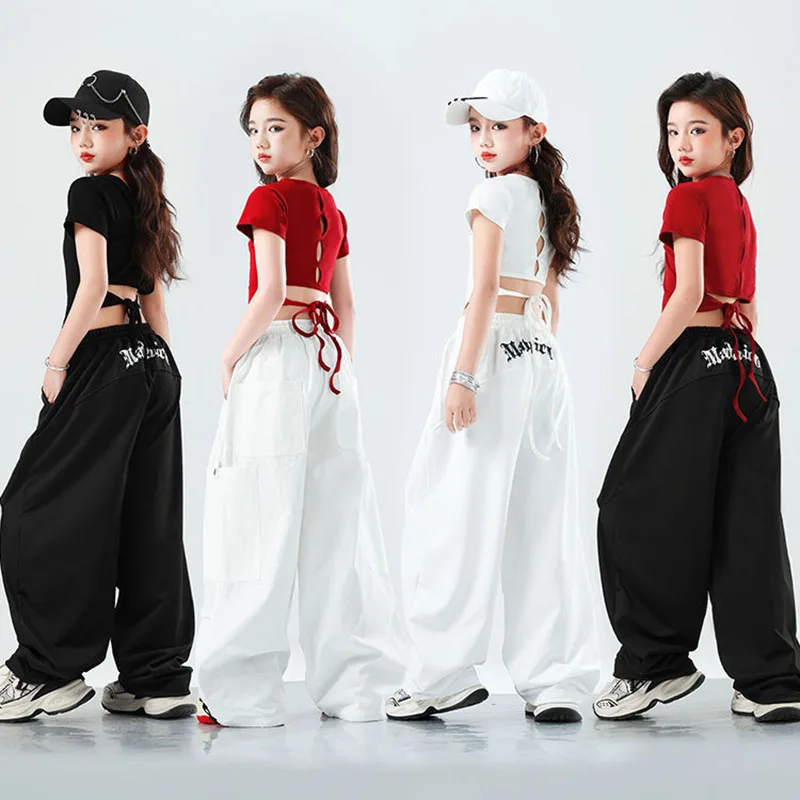 

Kid Kpop Hip Hop Clothing Back Keyhole Lace up Crop Top T Shirt Casual Sweat Parachute Pants for Girl Jazz Dance Costume Clothes