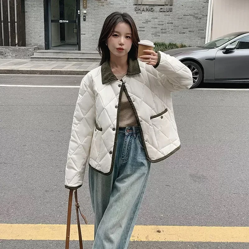 Korean Style Thin Collar Diamond Pattern Cotton Jacket Women's Autumn Winter Short Quilted Outerwear Versatile Small Size