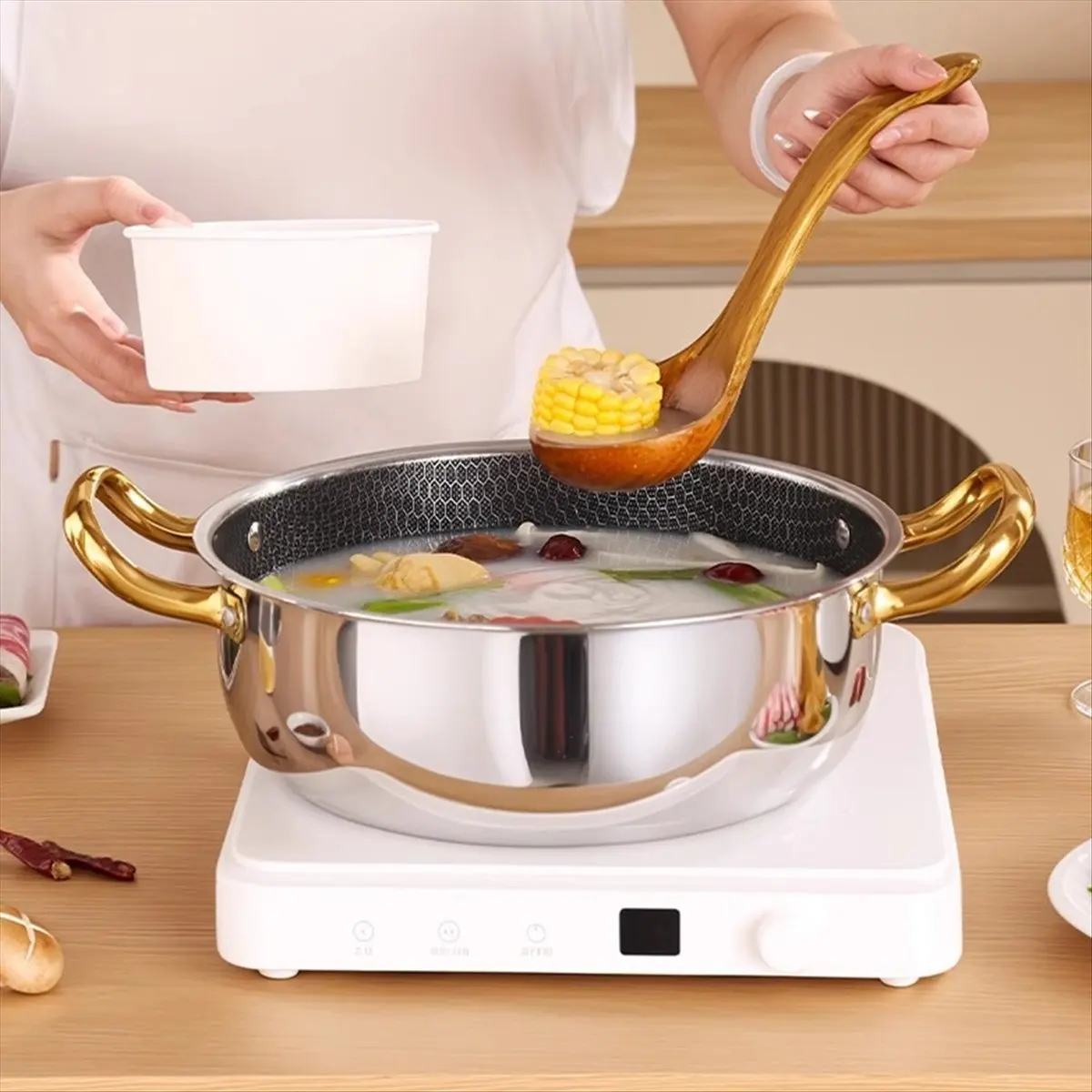 A67T NEW Stainless Steel Frying Pan Non-Stick Soup Pot Wok Home Honeycomb Induction Cooker Stove Stew Kitchen Cookware