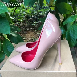 Tikicup Glossy Patent Nude Elegant Pumps Stilettos Women Sexy Pointy Toe High Heels Slip On OL Wedding Party Dress Shoes Size 46