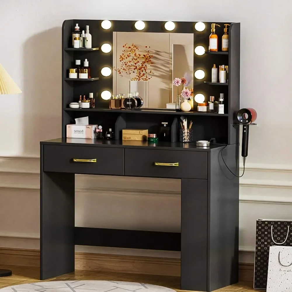 illuminated mirror vanity desk with power outlet and led lights, makeup vanity set with ample