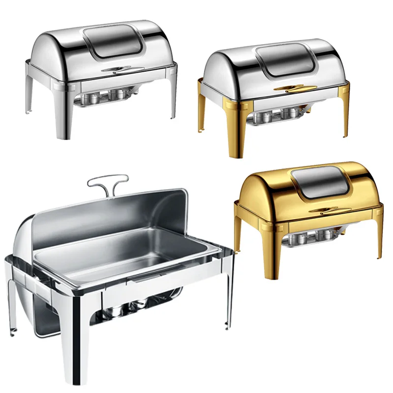 Luxury Gold Plated High-End Stainless Steel Roll Top Chafing Dish with Visible Glass 6L 9L Food Warmer Buffet Set for Catering