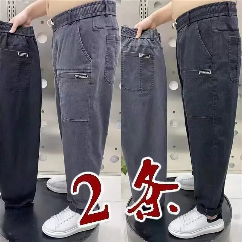 Men's Workwear Jeans Straight Leg Cotton Trousers Elastic Casual Style Autumn Spring Large Size Wear Resistant Multi Pocket