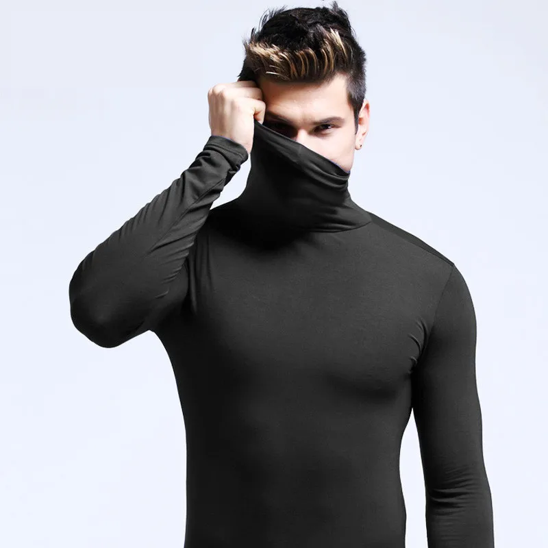 Modal Soft Undershirts Men Turtleneck Tops White Black Slim Fit Under Shirt Base Clothing Pullover High Collar Tight T-Shirt Tee