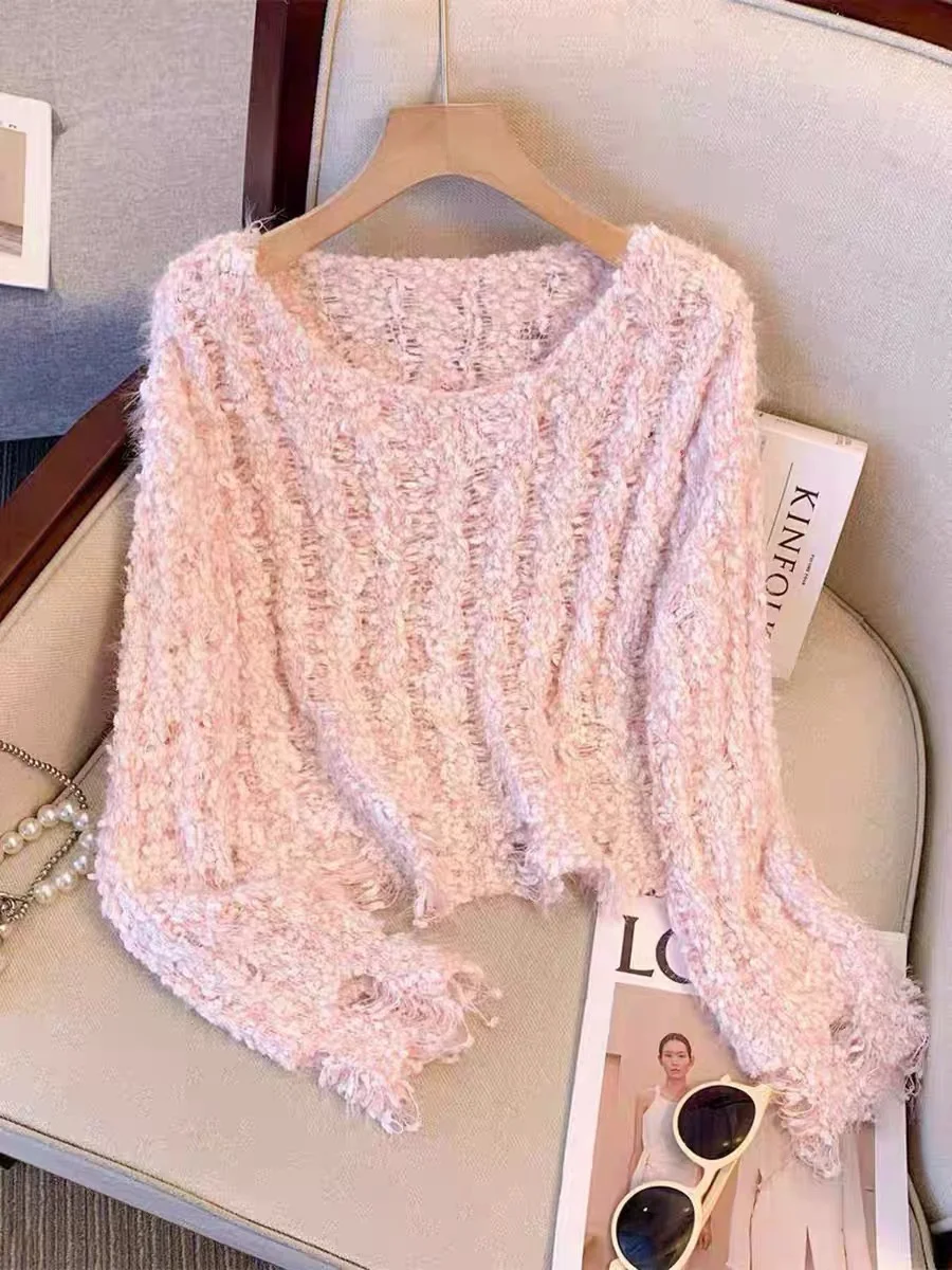 

Новый женский мягкий укороченный свитер с высокой талией и узором в корейском стиле, с бахромой и вырезами, для весны, осени и зимы