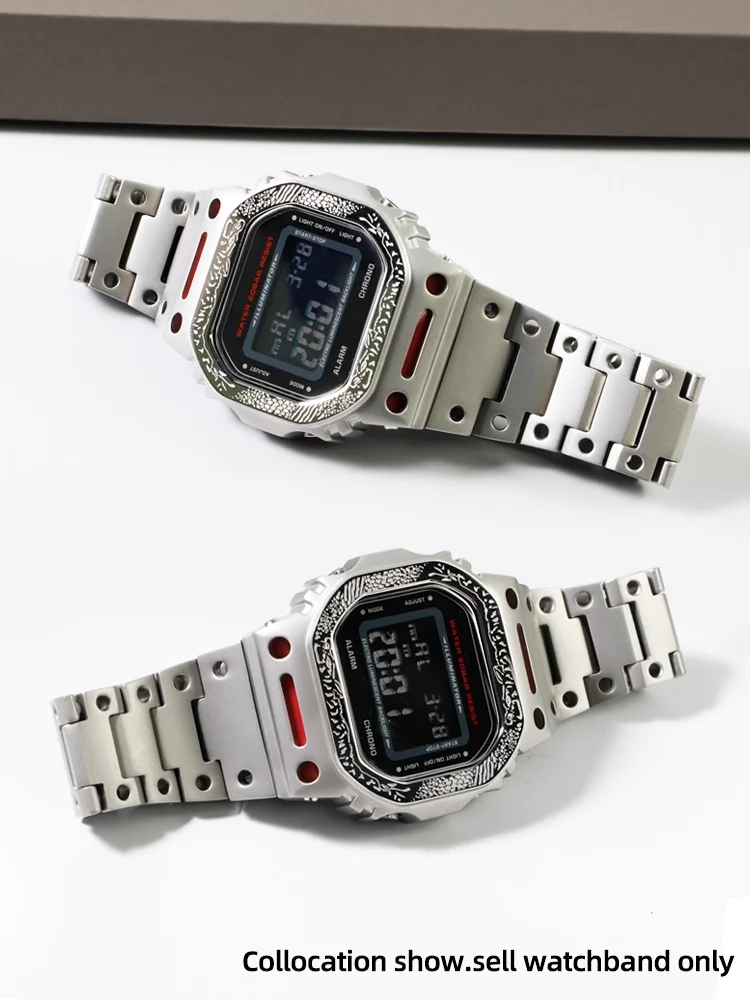 카시오 스몰 스퀘어 DW5600 DW-5600 GW-M5610 GW-B5600 남성용 릴리프 메카 케이스 + 스테인레스 스틸 시계 스트랩 용 수정 금속 슈트