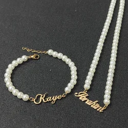 Customized Personalized Name Round Pearl Set Necklace Bracelet Letter Stainless Steel Women's Party Birthday Gift Fashion Set
