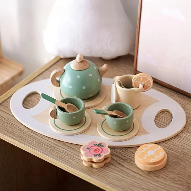 Wooden Afternoon Tea Set Toy Pretend Play Kitchen Accessories Tea Party Food Toys Playset for Toddlers Girls Boys Kids Gifts