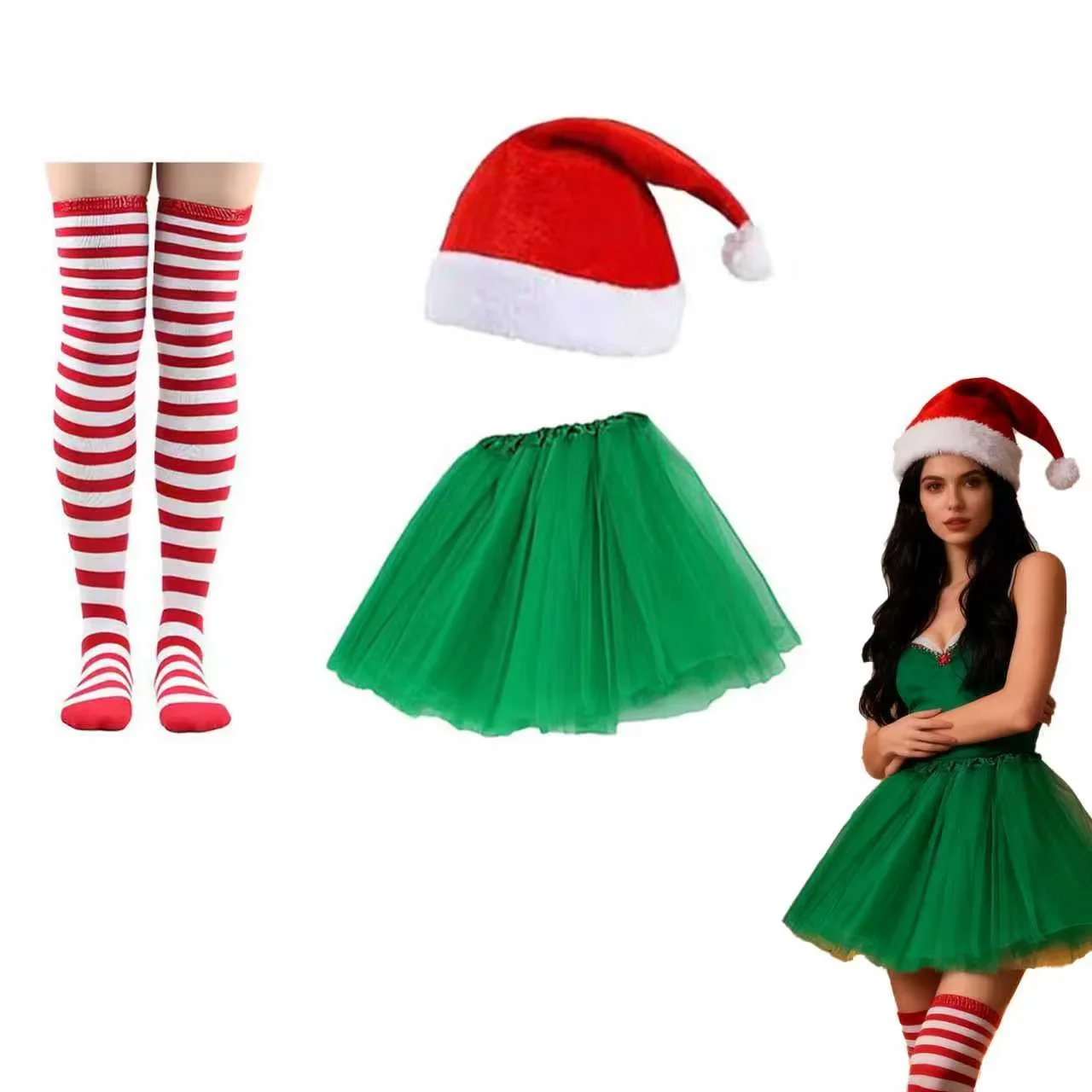PESENAR Christmas Costume Set Santa Hat Tutu Skirt Striped Tights Glitter Frame Christmas Glasses for Women
