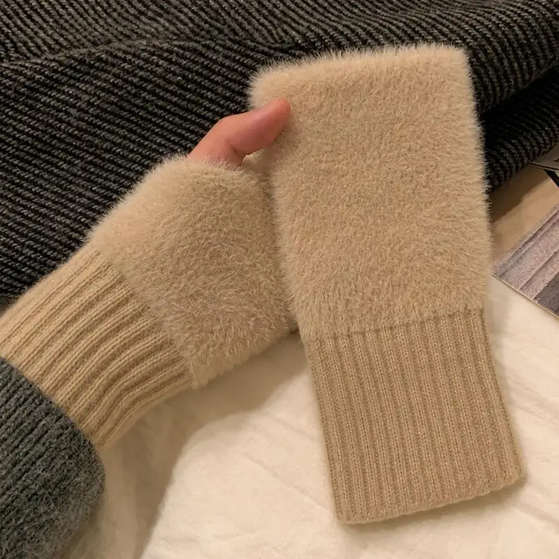 Winter Warm Fuzzy Fingerless Gloves Solid Color Plush Half Finger Gloves Thermal Knit Cuff Mittens for Daily Office Typing