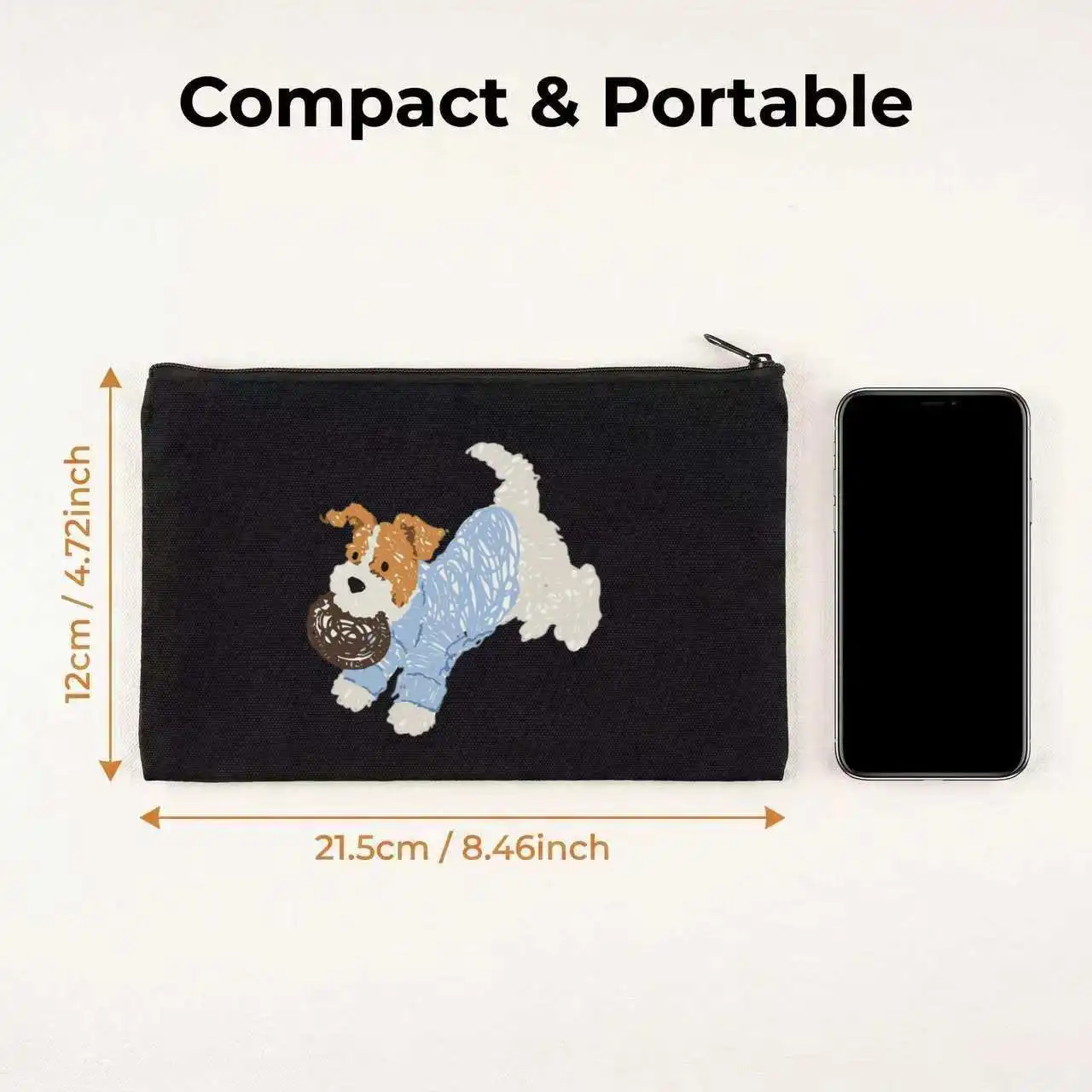 1PC Sketch Puppy With Donut Double Sided Print Canvas Cosmetic Bag Portable Travel Zipper Pouch