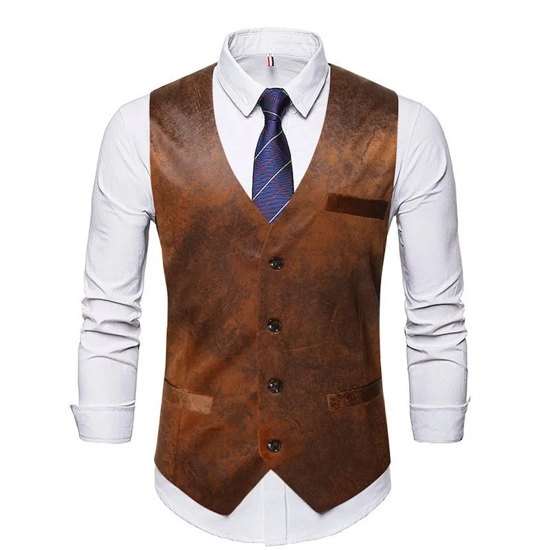 Men's Casual Suede Vest Single Breasted V-Neck Waistcoat Formal Business Suit Vest