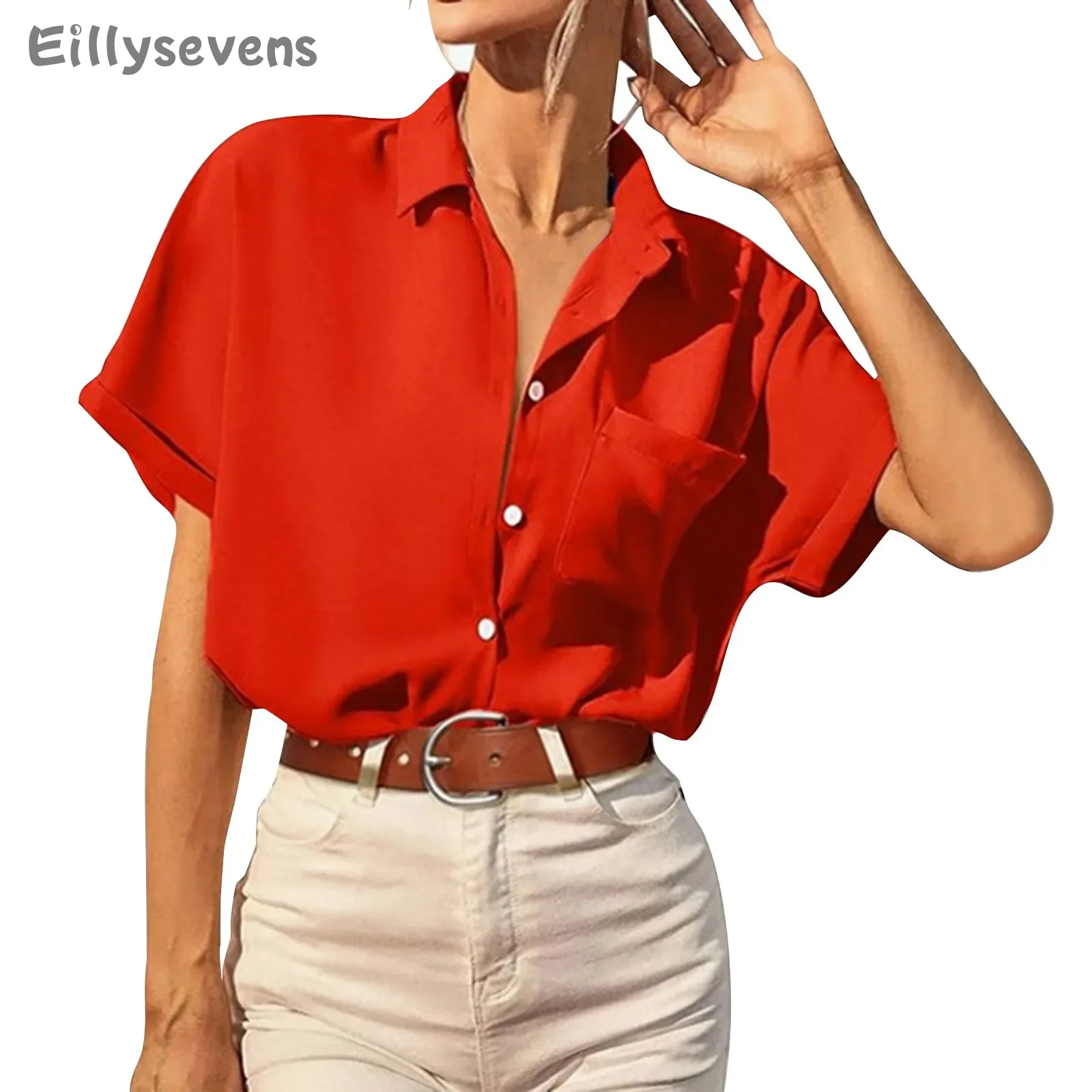 Women's casual shirt Short Sleeve Lapel Button Solid Color Shirts With Pockets Fashion blouse top Summer Versatile shirt tops