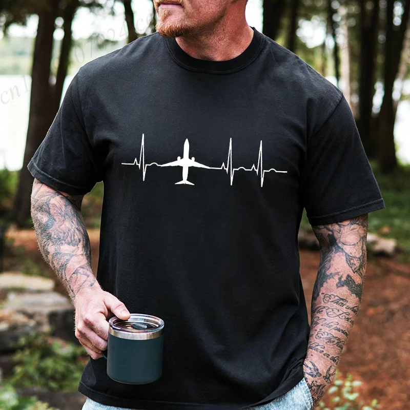 Men Airplane Heartbeat Graphic T Shirt Short Sleeve Tees Airline Pilot Plane Travel Enthusiast Loose Oversize Casual Tshirt Gift