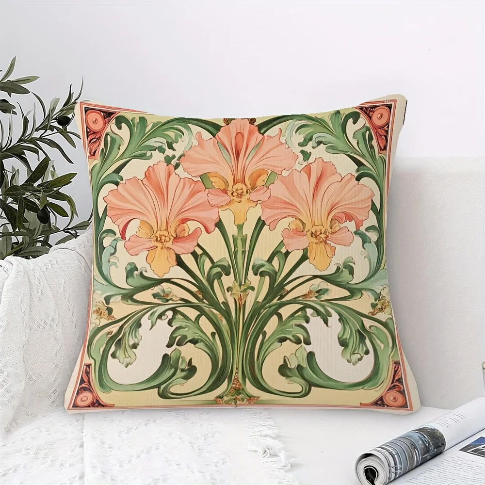 1pc Art Nouveau Floral Pillow Cover 18x18 Inch Zipper Closure Polyester Sofa Living Room Bedroom Decor