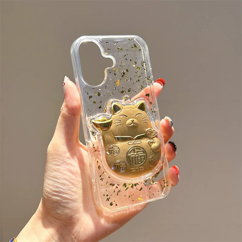 3D Golden Lucky Cat Transparent TPU Phone Protection Case for iPhone 17 Proamx 16plus 15 Pro 14 13 12 11 Innovative Phone Case