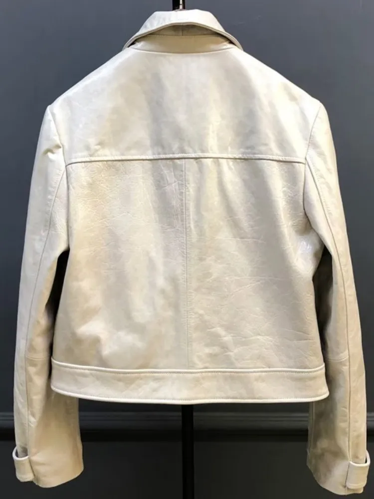 Damska kurtka biurowa ze skóry owczej, jednolity kolor, kołnierz, luźny krój, kieszenie, zamek błyskawiczny, długi rękaw, styl retro, odzież wierzchnia.